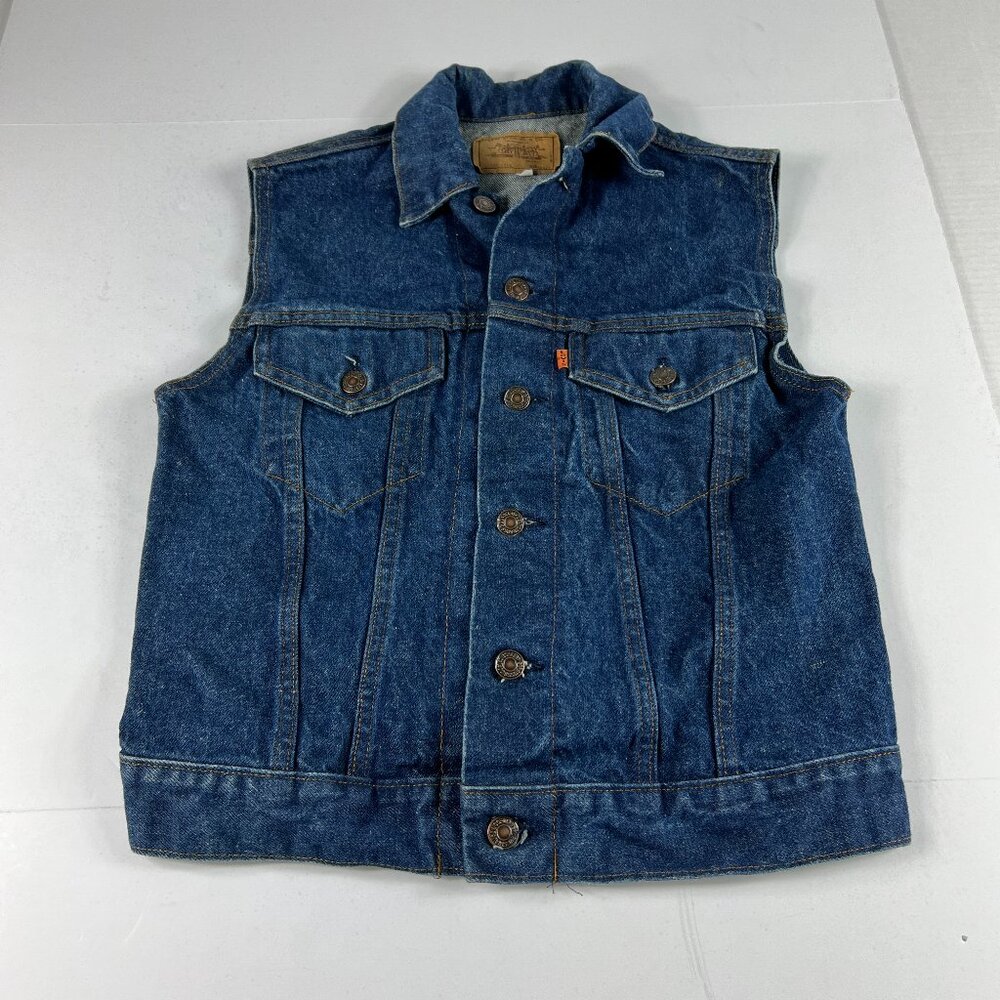 VTG 80s Levis Denim Vest Women Small Dark Blue Sleeveless Jean Jacket Orange Tab